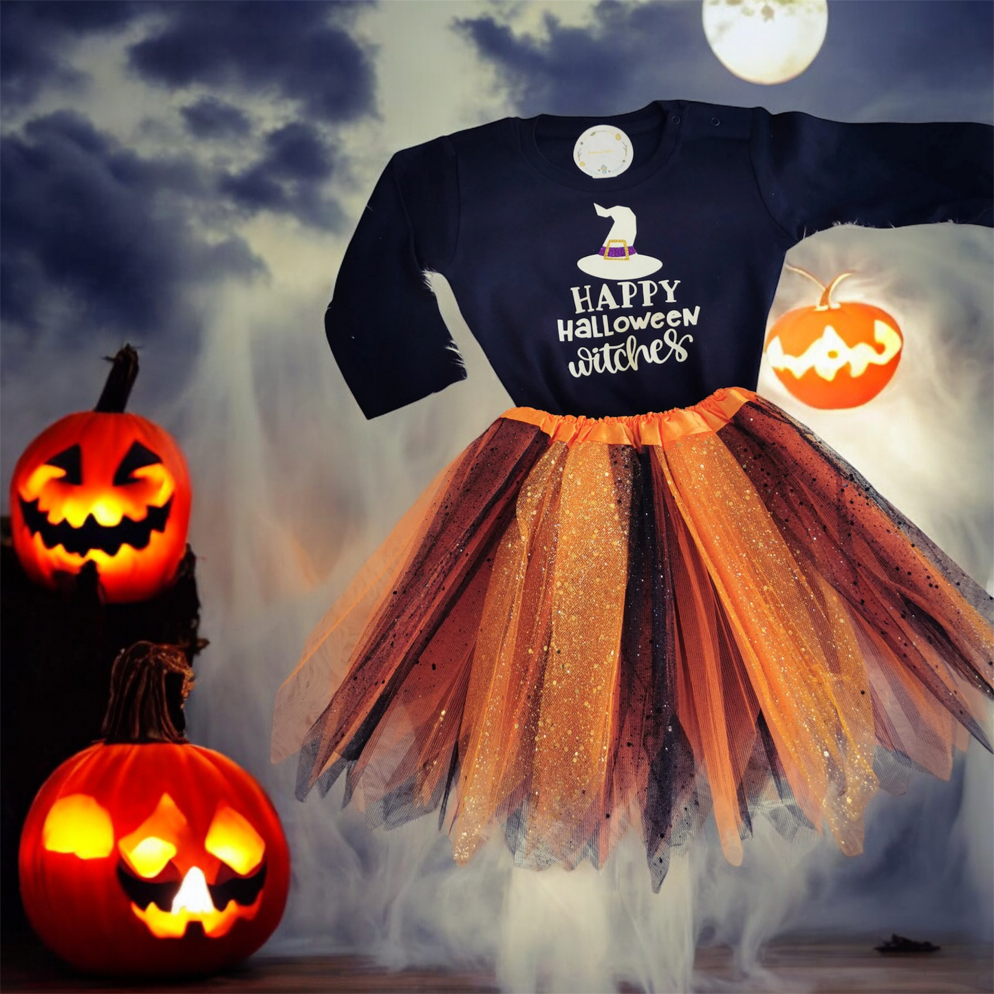 Body ou tshirt & Tule preto e laranja "Happy Halloween, Witches"