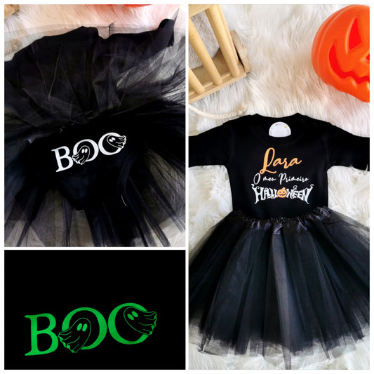 Conjunto body & tule "O meu Primeiro Halloween" Versão Brilha no escuro