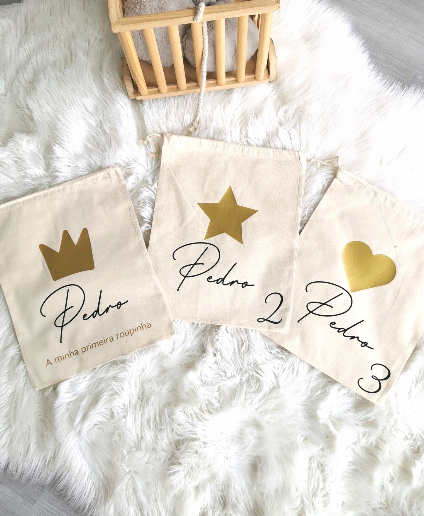 Pack de 3 Sacos "Primeira Roupinha" - Black & gold (com nome)