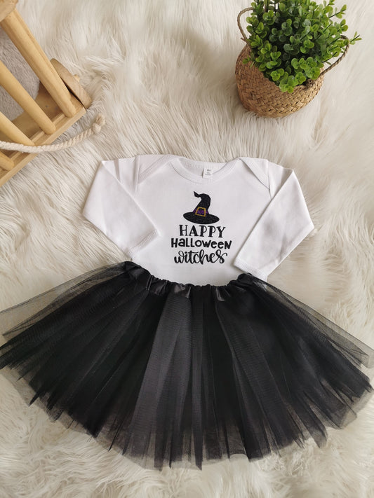 Body ou tshirt & Tule "Happy Halloween, Witches" - Versão branco